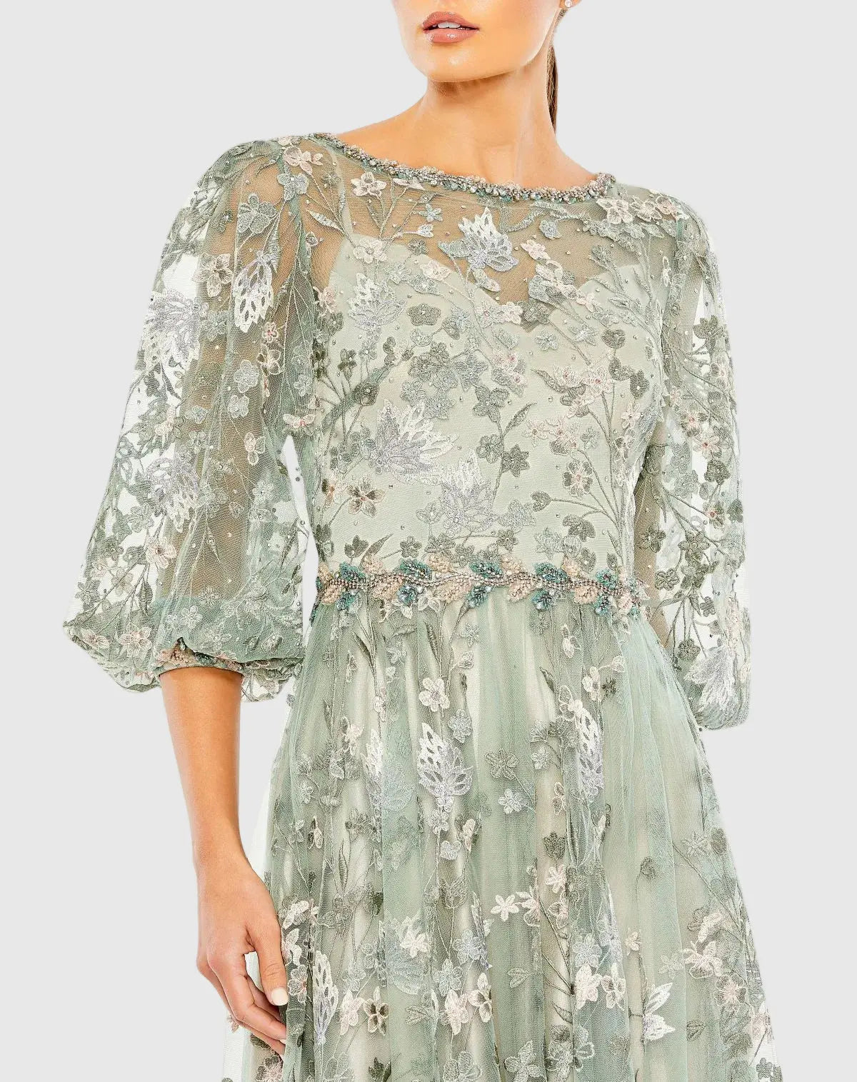 Green Embroidered A-Line Gown With 3/4 Puff Sleeves