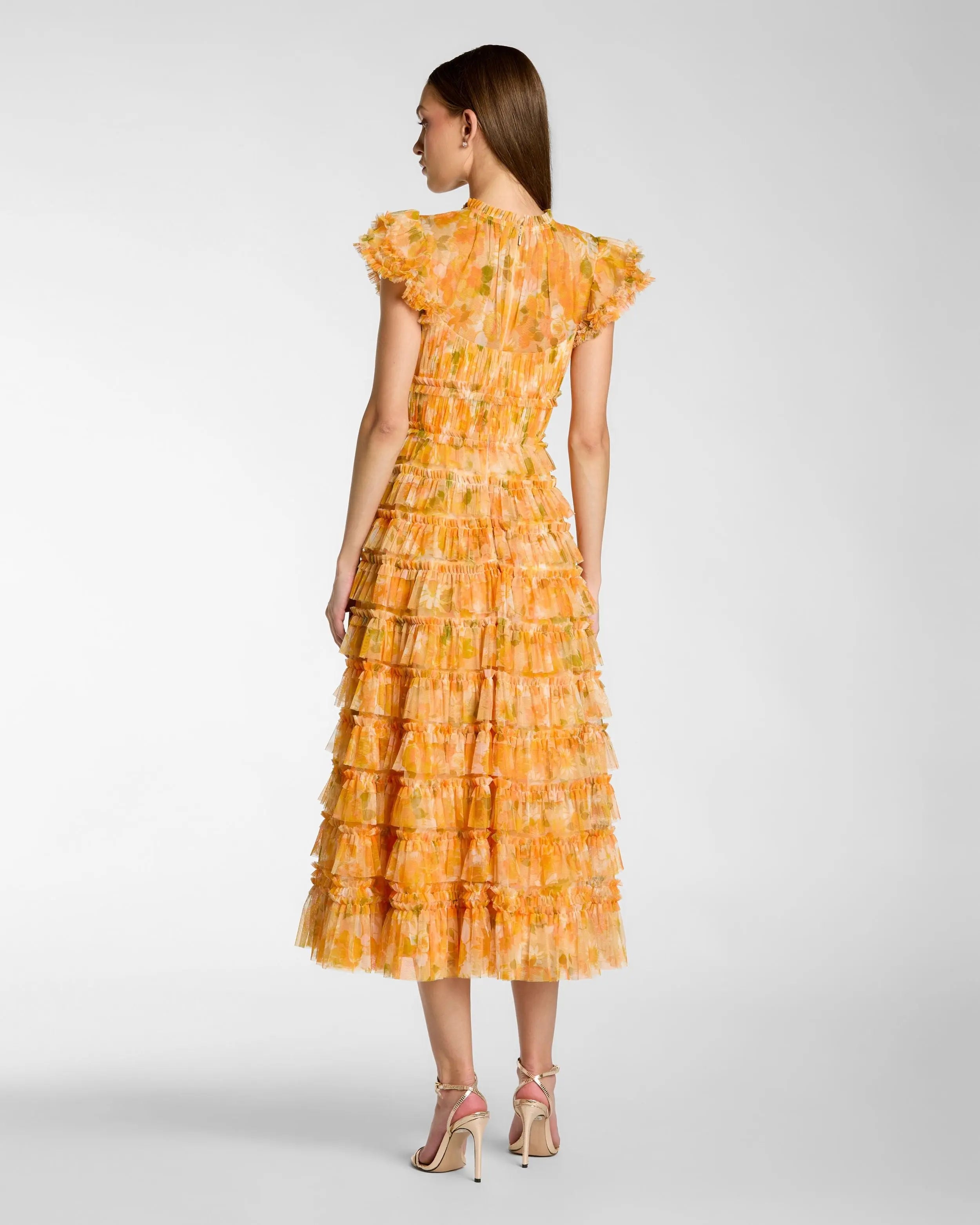 Yellow Floral High Neck Flutter Sleeve Midi Dress