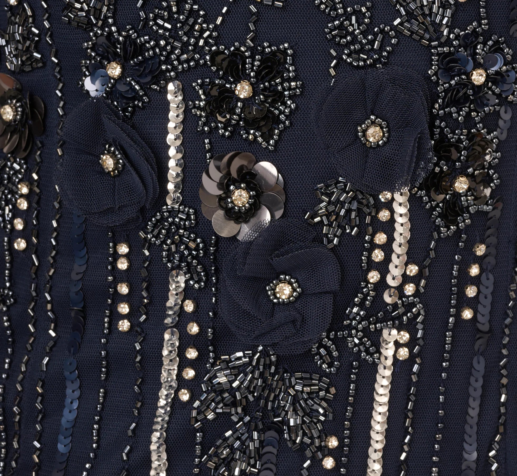 Sleeveless 3D Beaded Ankle Length Dress In Navy Gunmetal