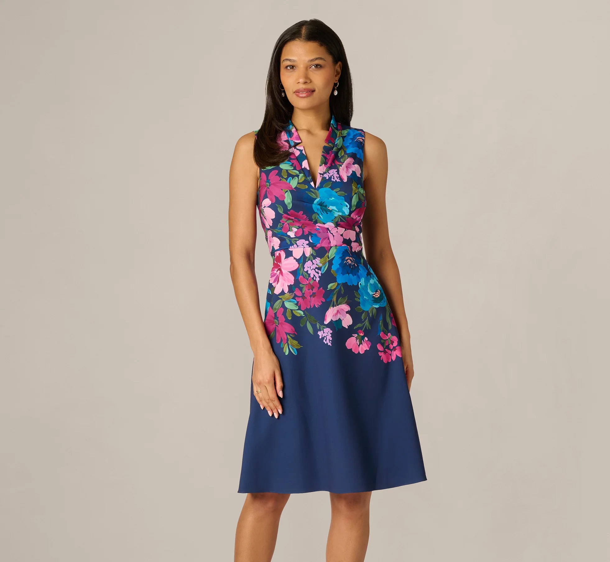 Collared Floral Border Twill Midi Dress In Navy Multi