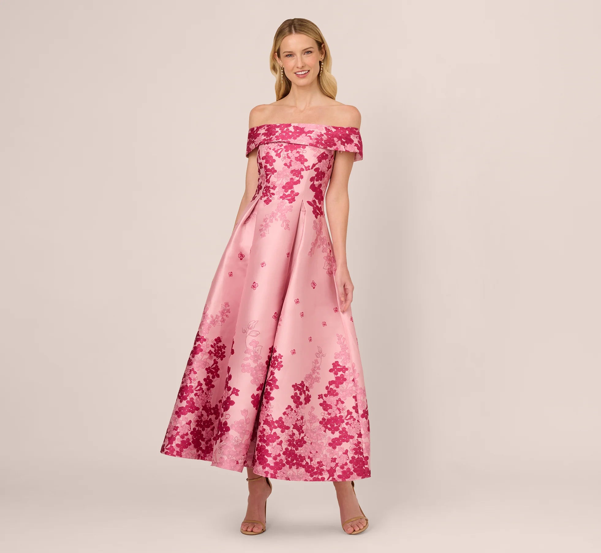 Floral Jacquard Ankle Length Dress With Off The Shoulder Neckline In Pink Multi
