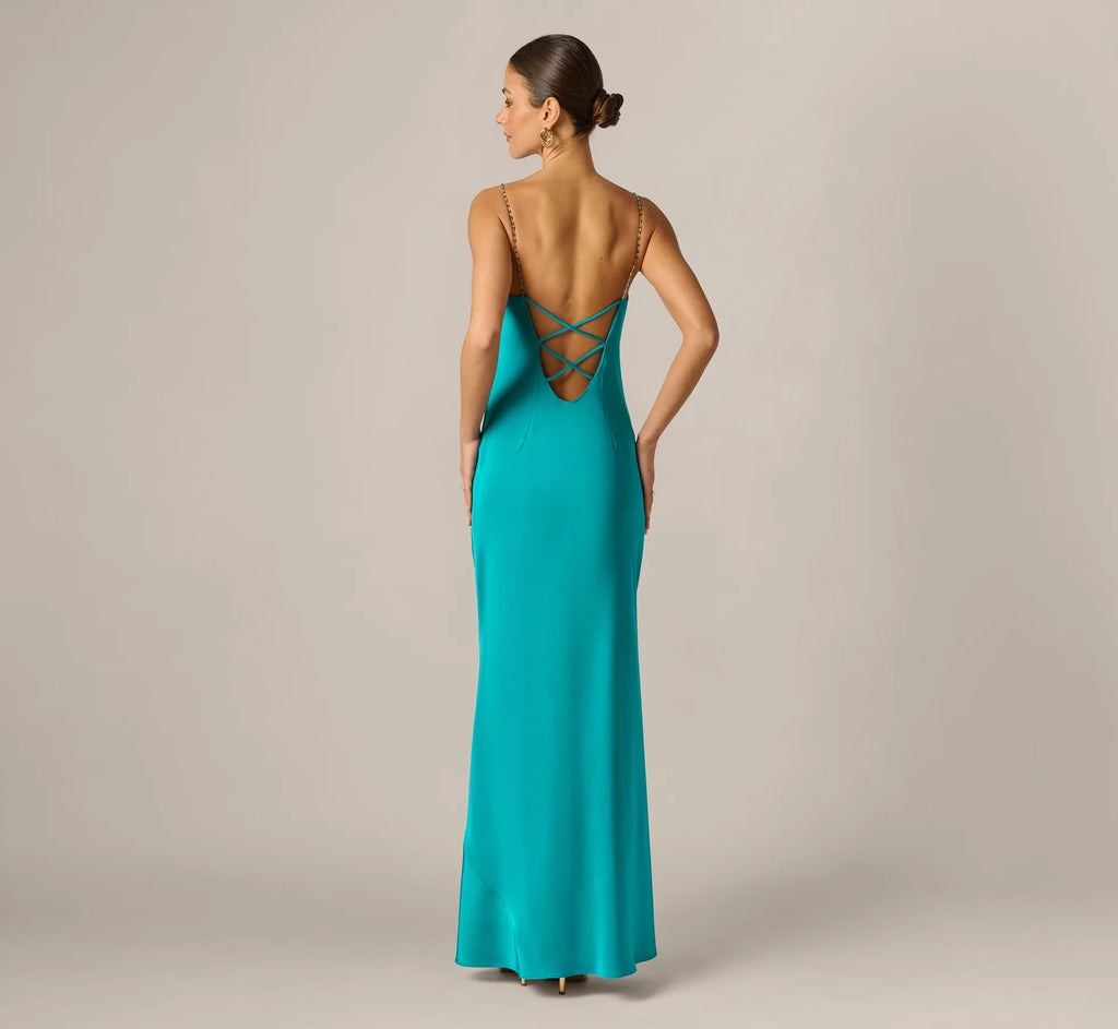 Stretch Satin Cross Back Cowl Neck Gown In Turquoise