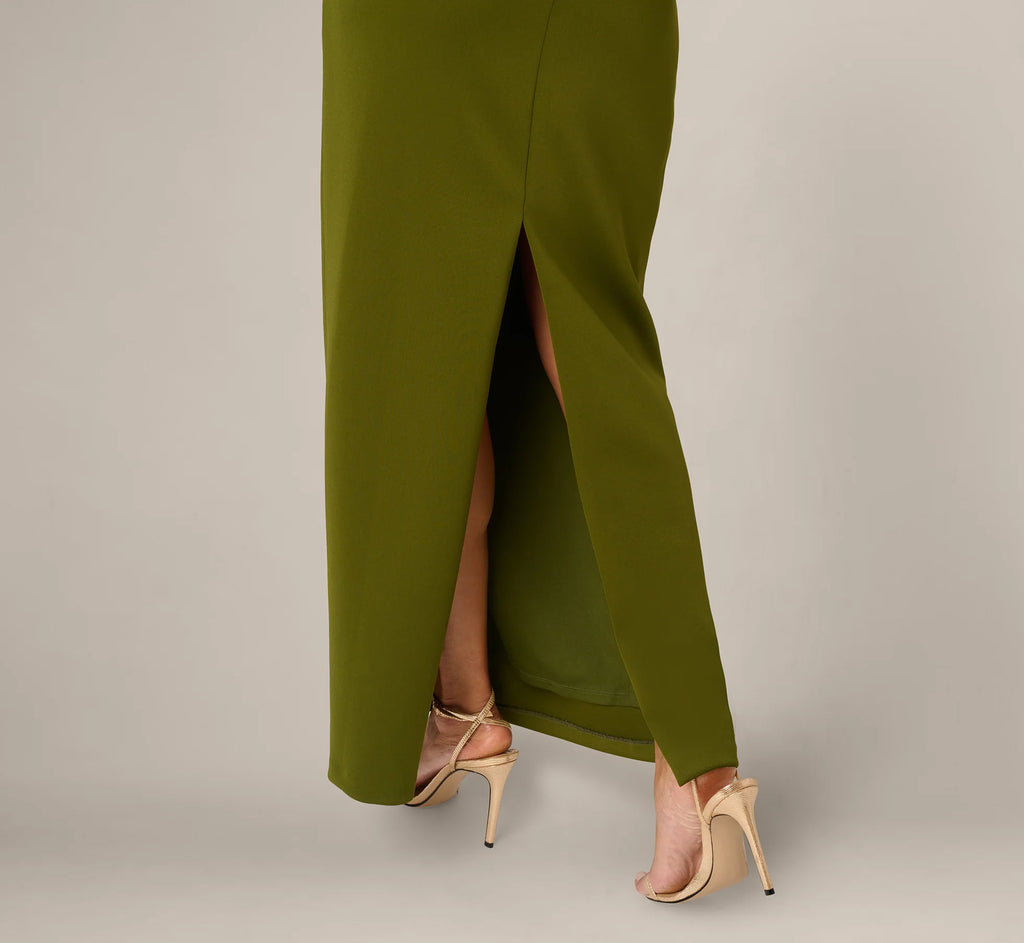 Asymmetrical Draped Column Gown In Jungle Olive