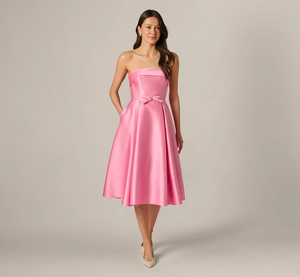 Strapless Bow Waist Mikado Midi Dress In Cherry Blossom