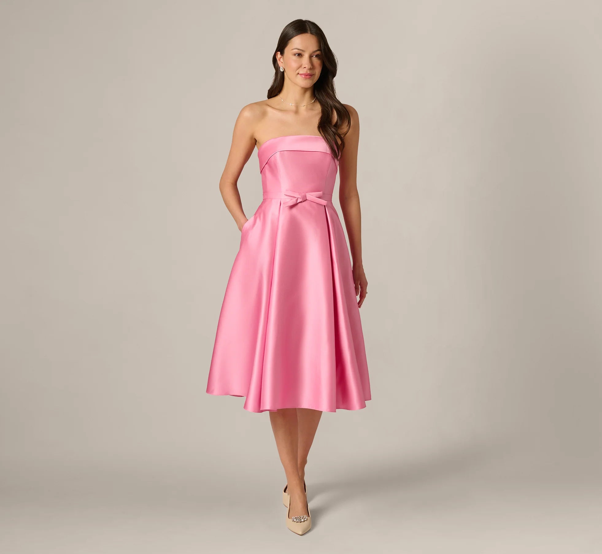 Strapless Bow Waist Mikado Midi Dress In Cherry Blossom