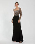 Beaded Square Neck Long Sleeve Jersey Gown
