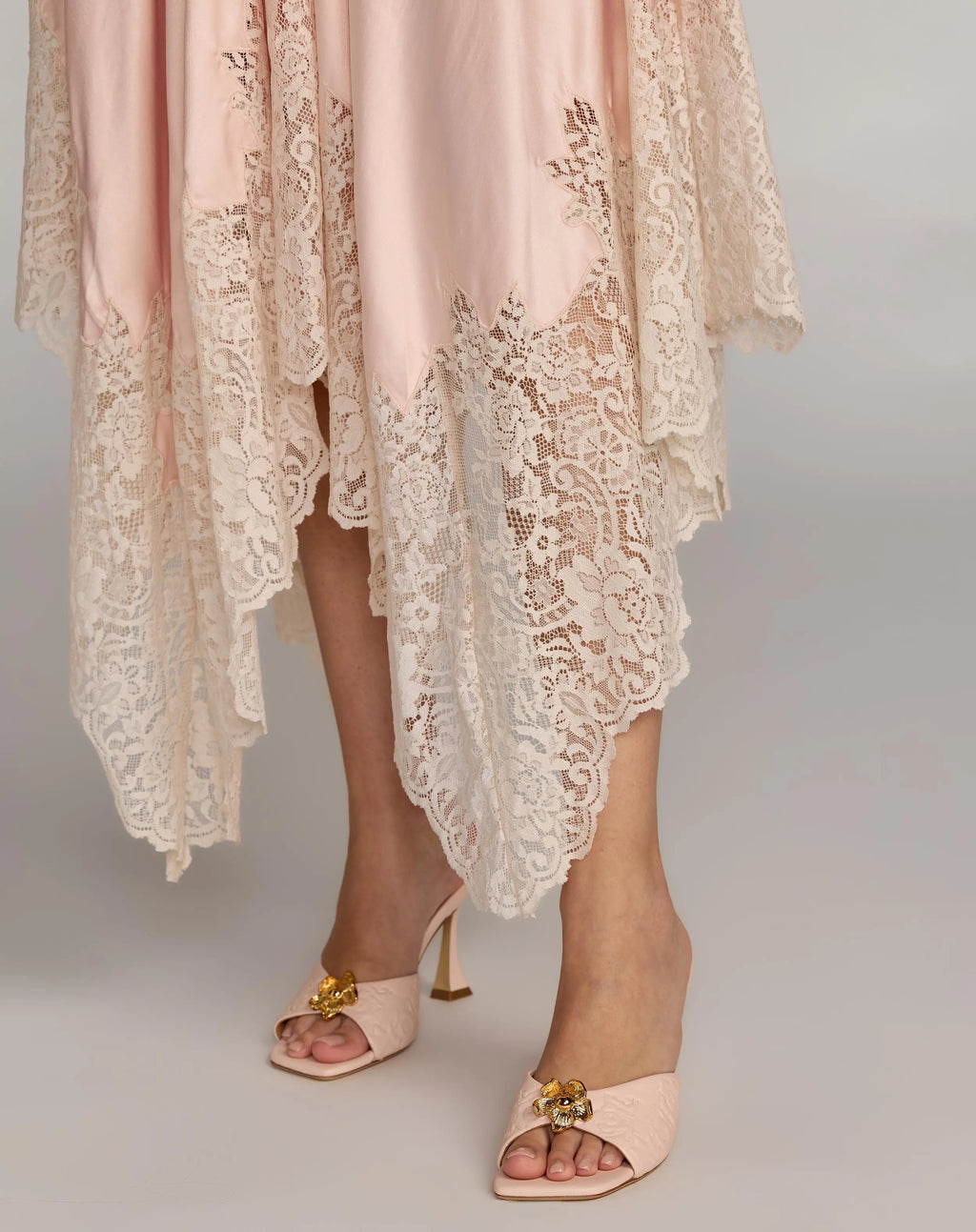 Light Pink Lace Trim Handkerchief Midi Dress