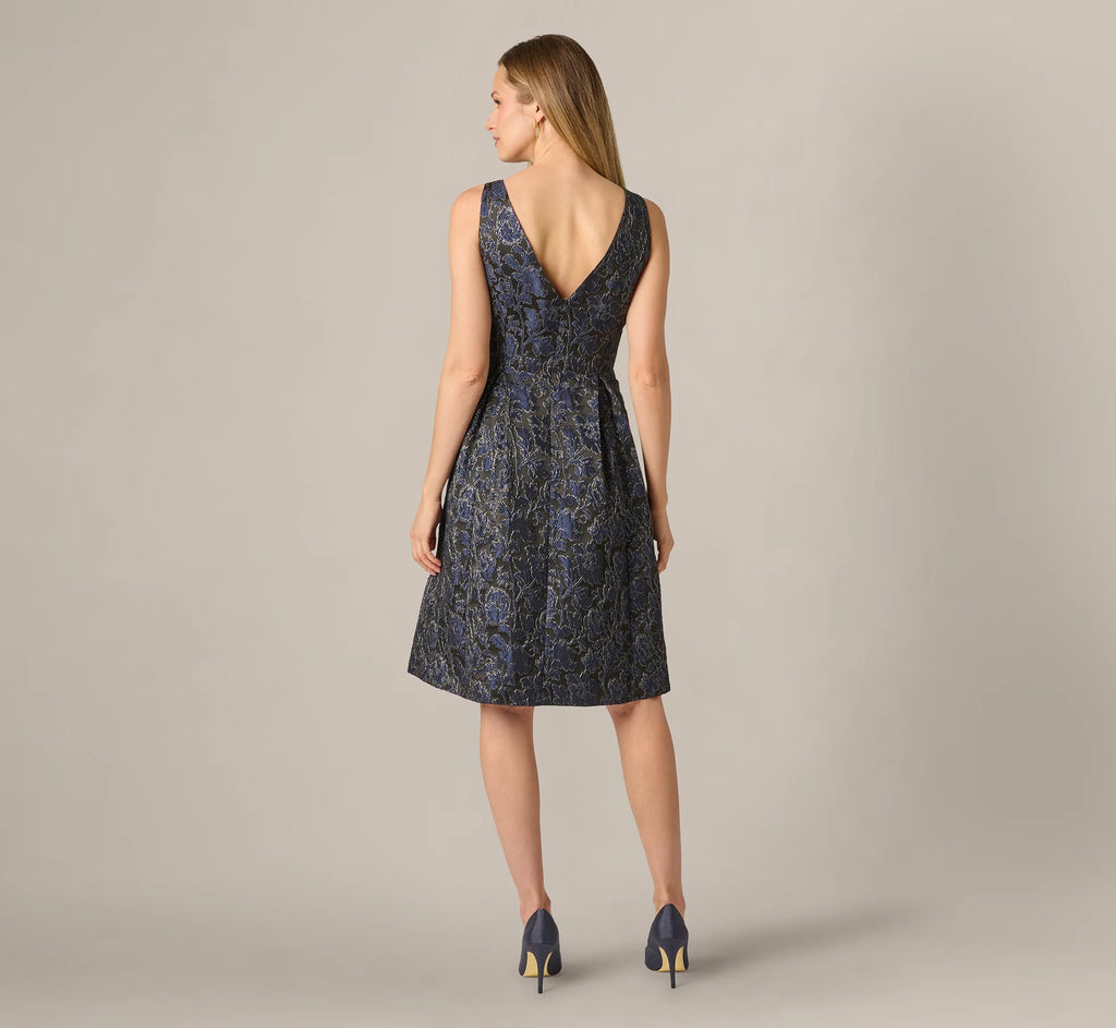 Jacquard Tie Front Fit And Flare Midi Dress In Black Navy