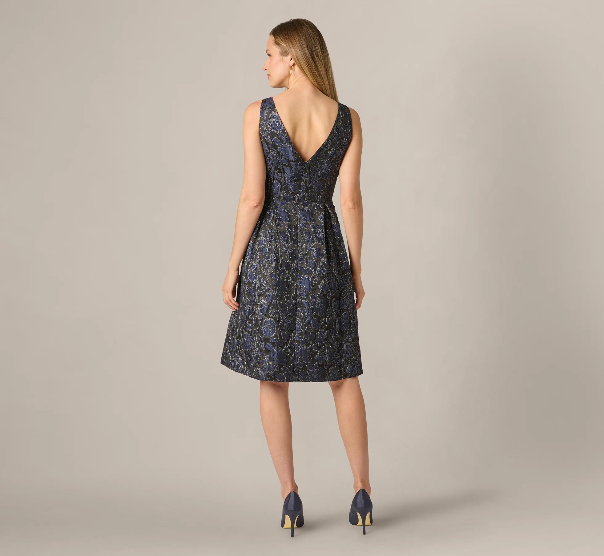 Jacquard Tie Front Fit And Flare Midi Dress In Black Navy