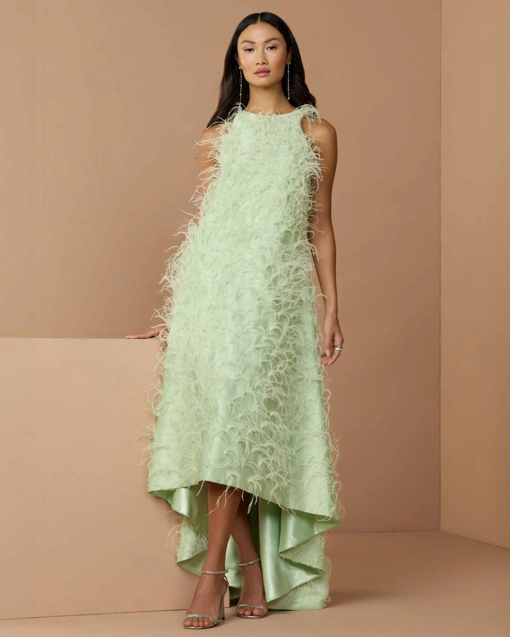 Green Sleeveless Feather Embellished High Low Gown