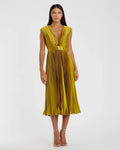 Pleated Cap Sleeve Belted A Line Dress