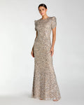 Beige Gathered Short Sleeve Embellished Gown