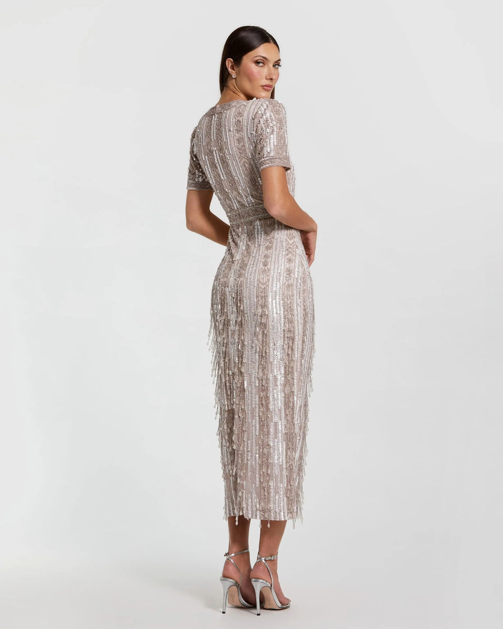 Pink High Neck Short Sleeve Crystal Fringe Sheath Dress