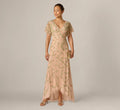 Flutter Sleeve Beaded Wrap Dress In Blush Multi