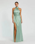 Green Sleeveless Open Back Satin Gown