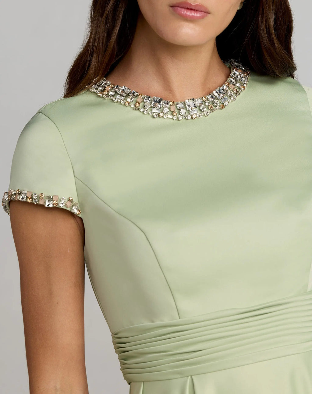 Petite Green Embellished Satin Cap Sleeve Ball Gown