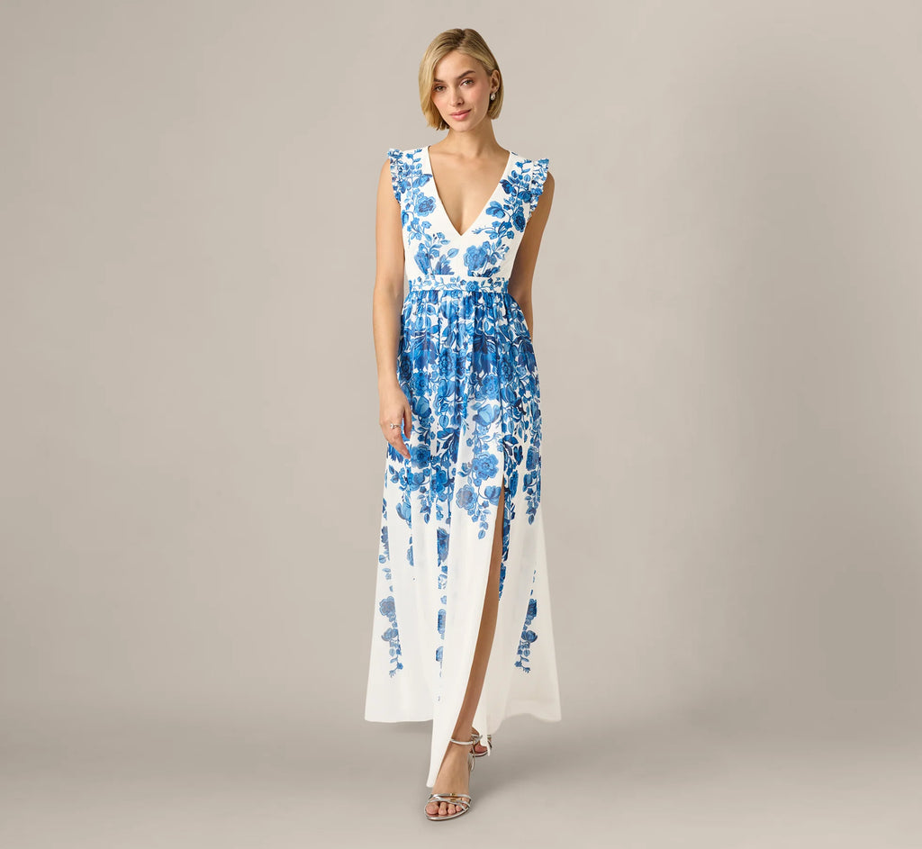 Chiffon Floral Vine Border Print Gown In Ivory Blue