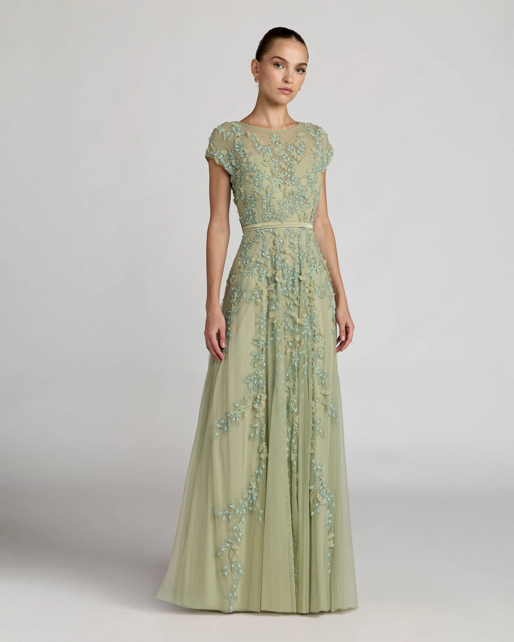 Green Floral Embellished Cap Sleeve Gown