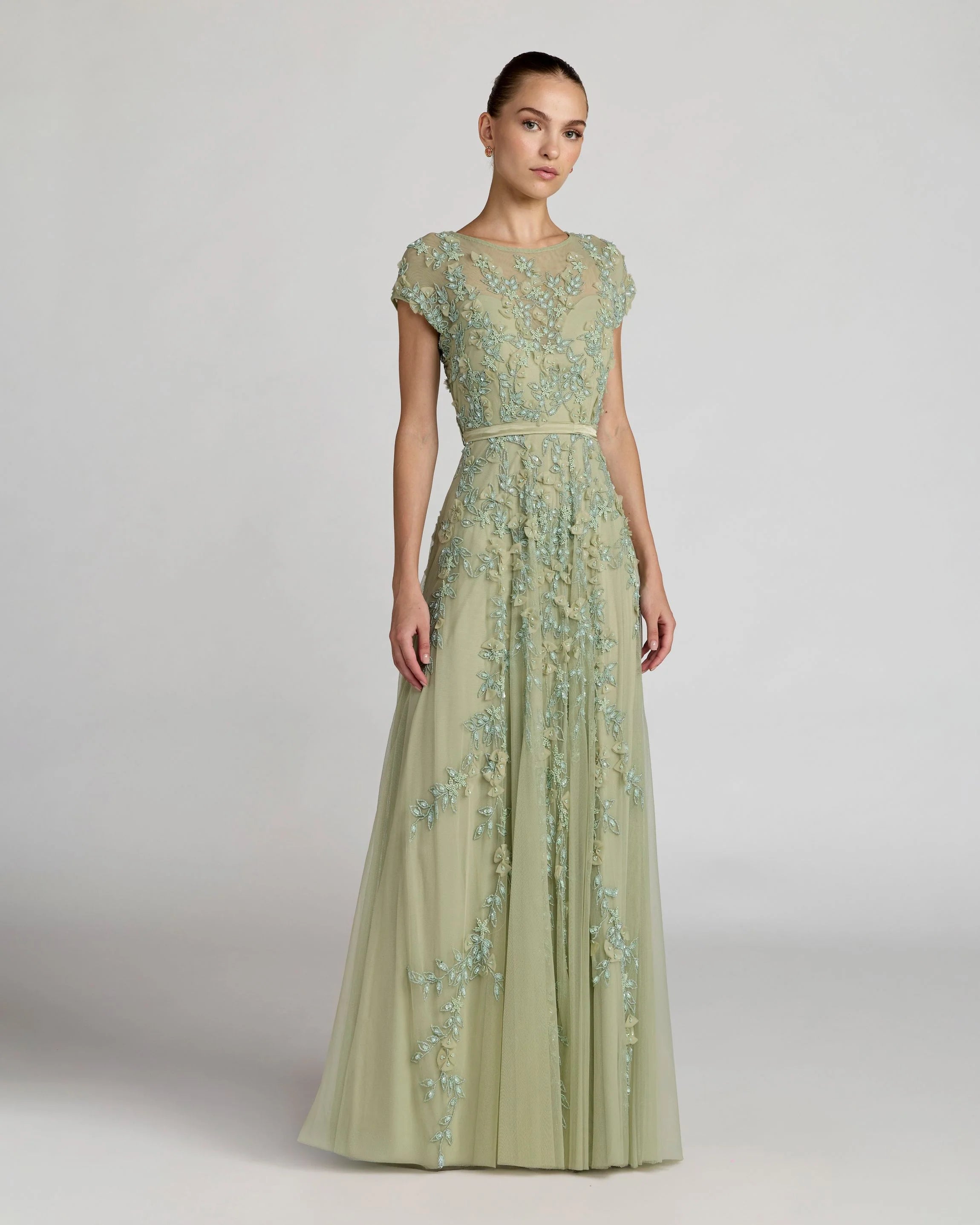 Green Floral Embellished Cap Sleeve Gown
