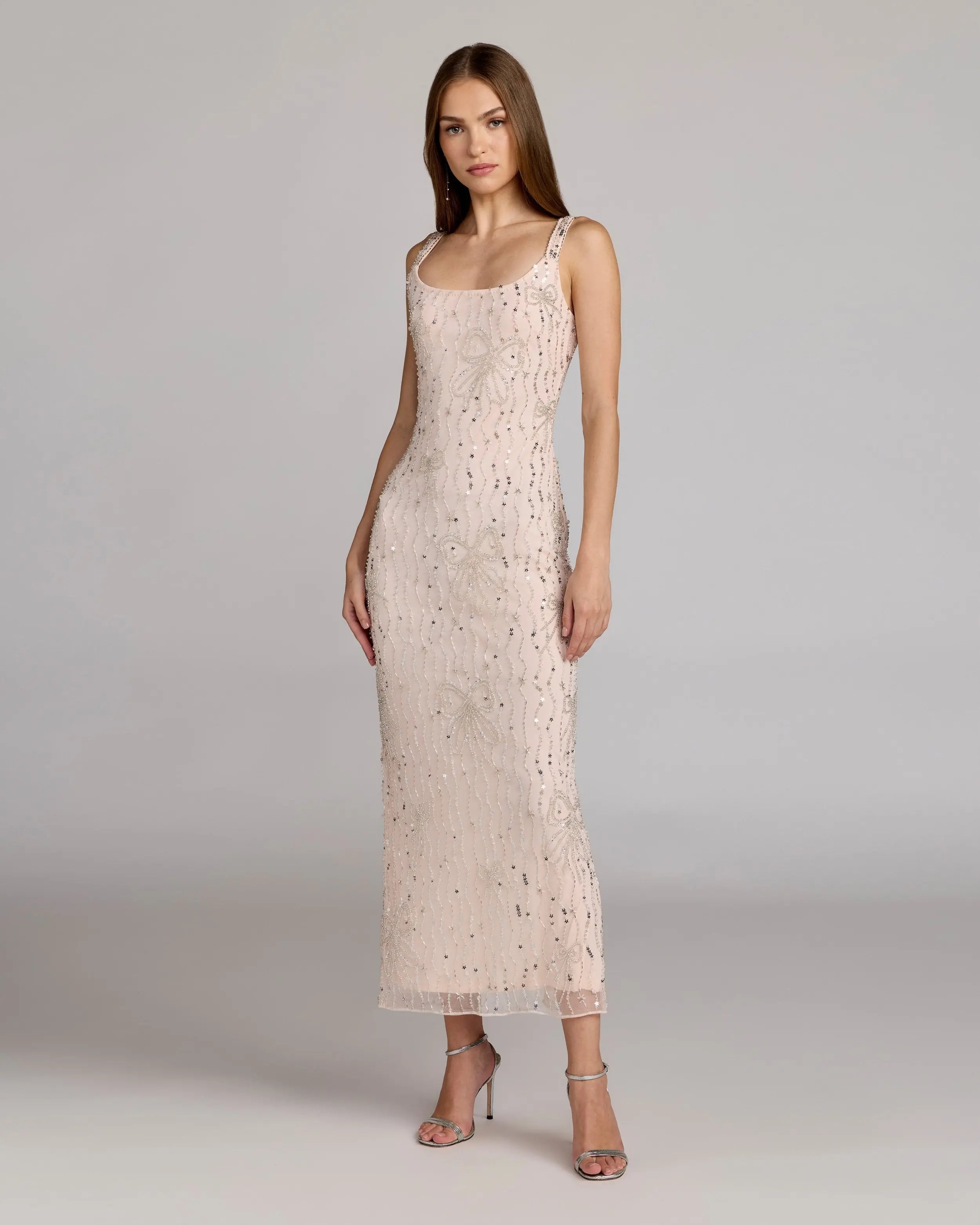 Pink Scoop Neck Embellished Dress With Bow Detail