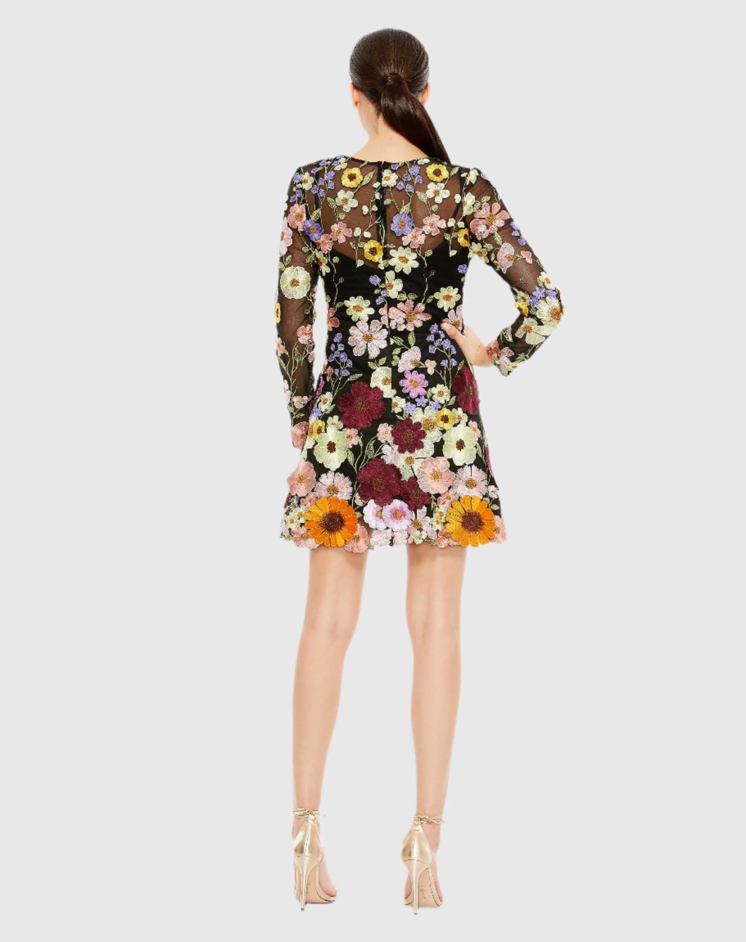 Black Floral Embroidered Long Sleeve Mini Dress - FINAL SALE