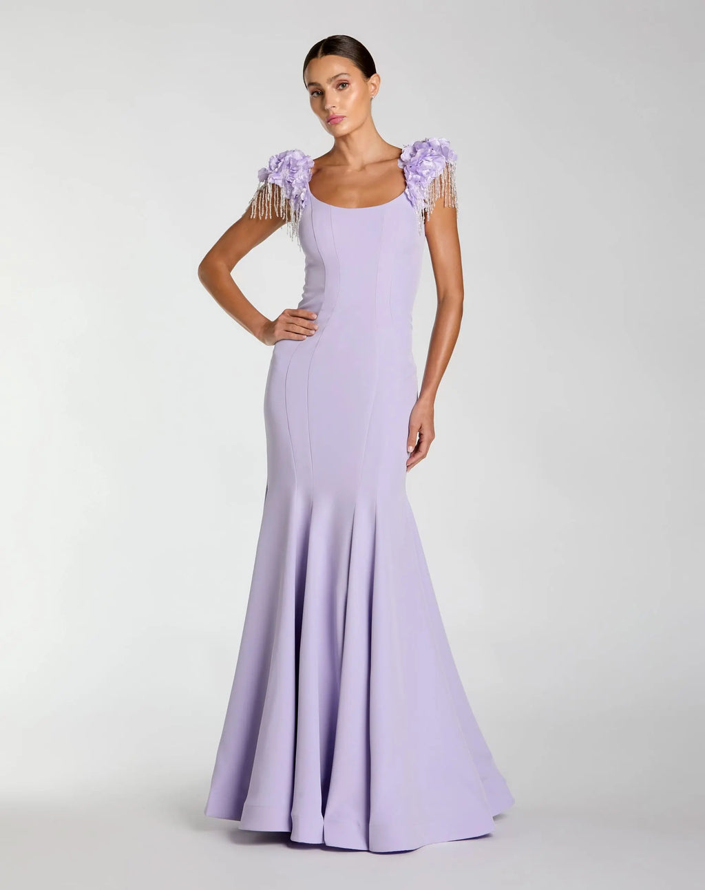 Purple Scoop Neck Mermaid Gown With Embellished Sleeves