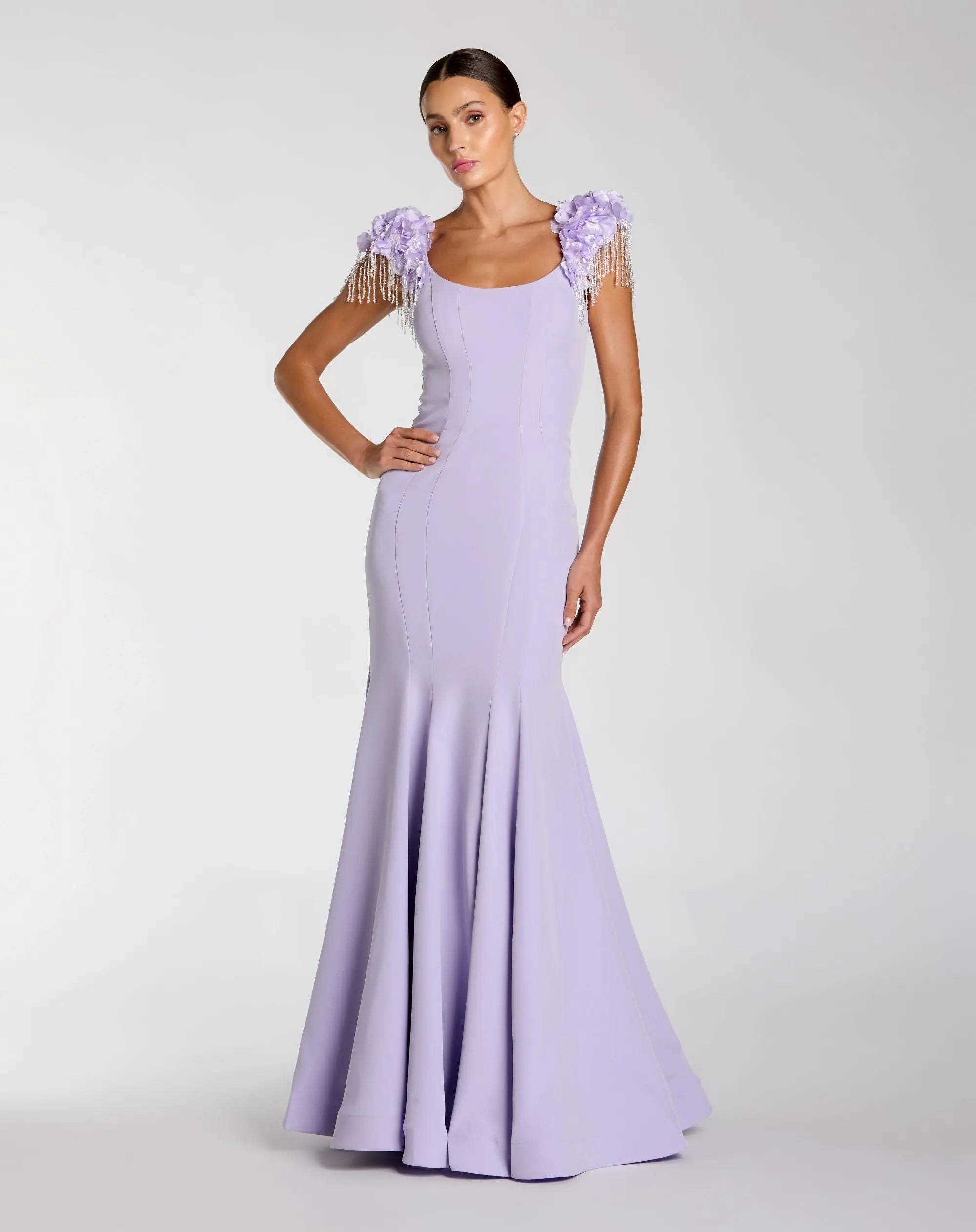 Purple Scoop Neck Mermaid Gown With Embellished Sleeves