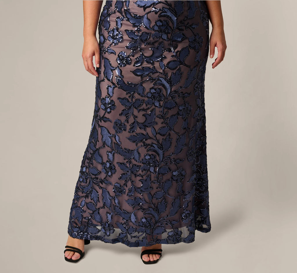 Plus Size Short Sleeve Floral Sequin Stretch Mesh Gown In Navy Rosegold