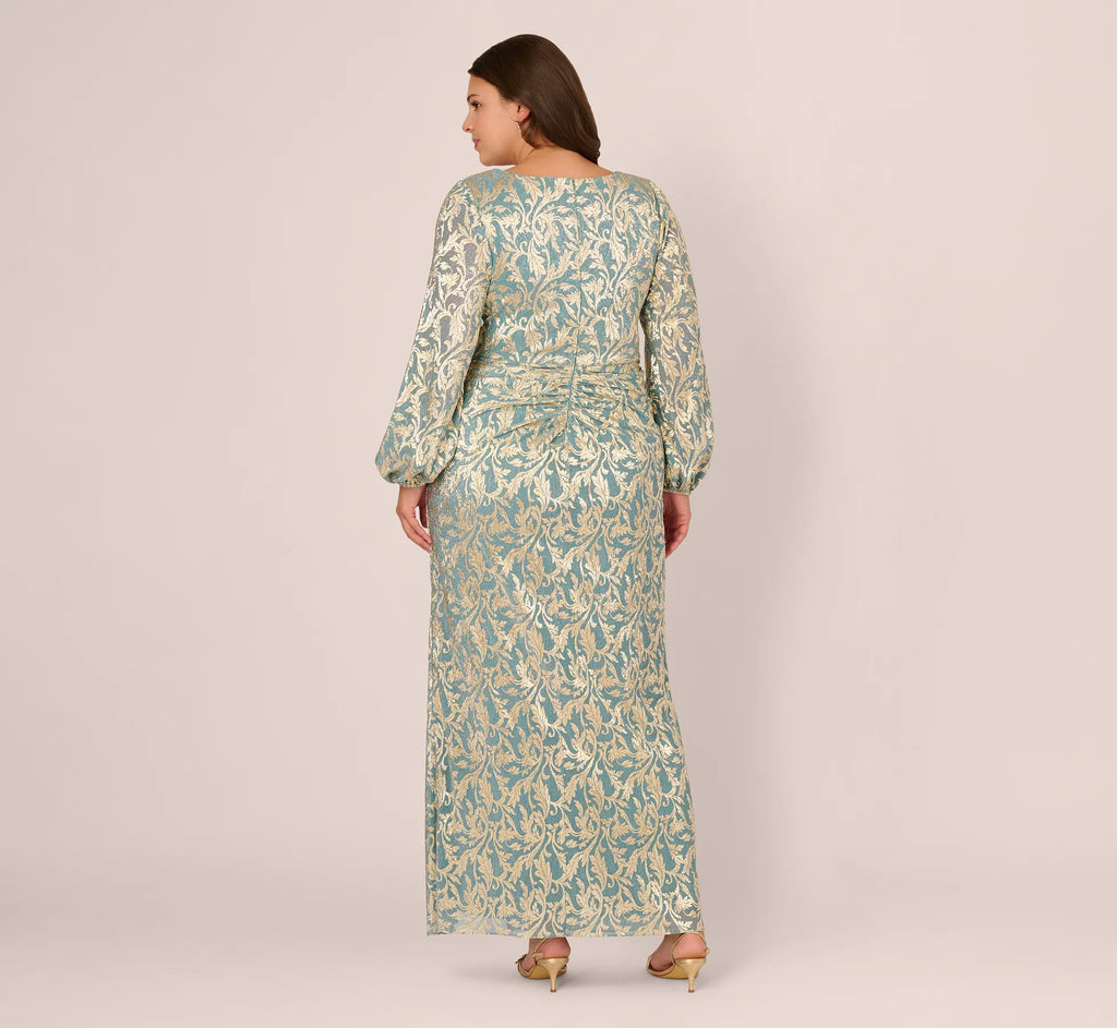Plus Size Long Sleeve Metallic Crinkle Drape Gown In Mint Gold