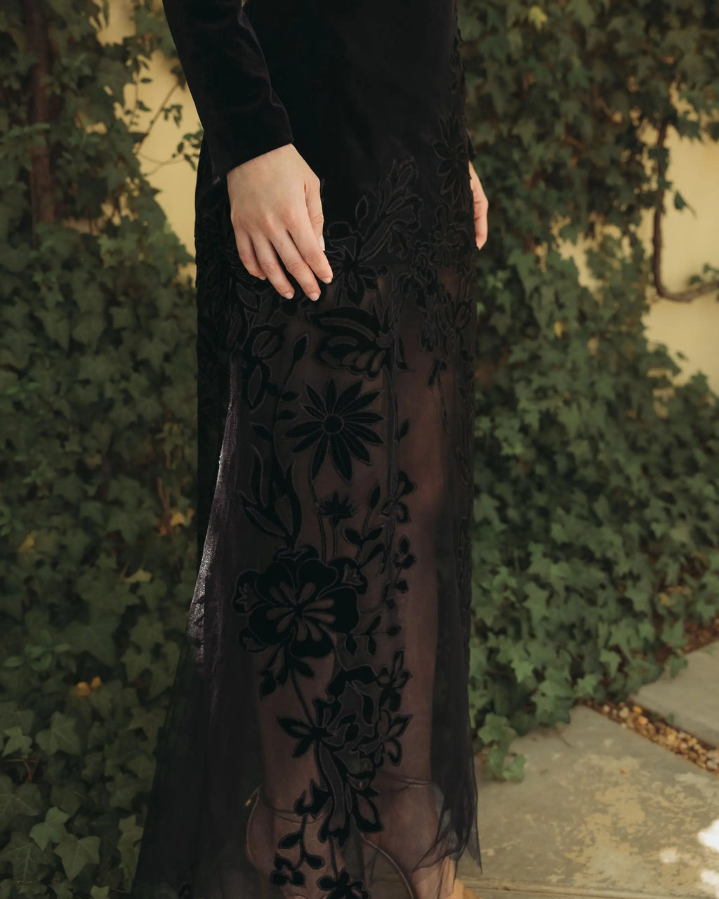 Black Long Sleeve Sheer Floral Embroidered Velvet Gown