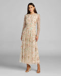 Beige Floral Embellished Long Sleeve Midi Dress