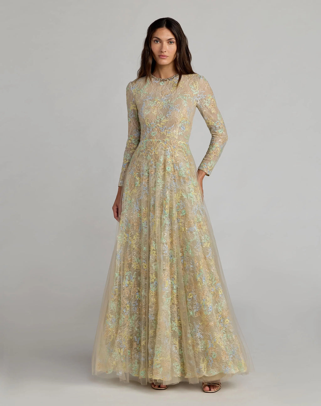 Beige Long Sleeve Embellished Lace A-Line Gown