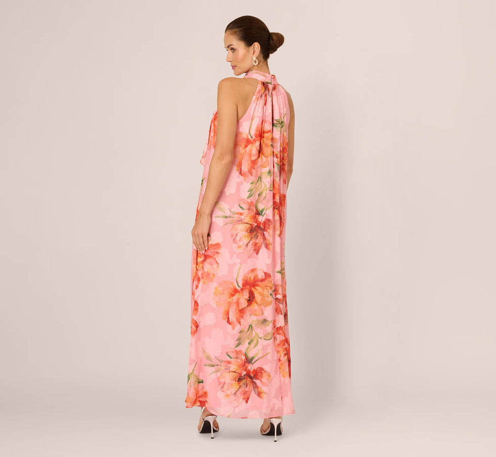 Floral Chiffon Trapeze Halter Gown In Pink Multi