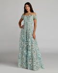 Green High Neck Cap Sleeve Embellished A-Line Gown