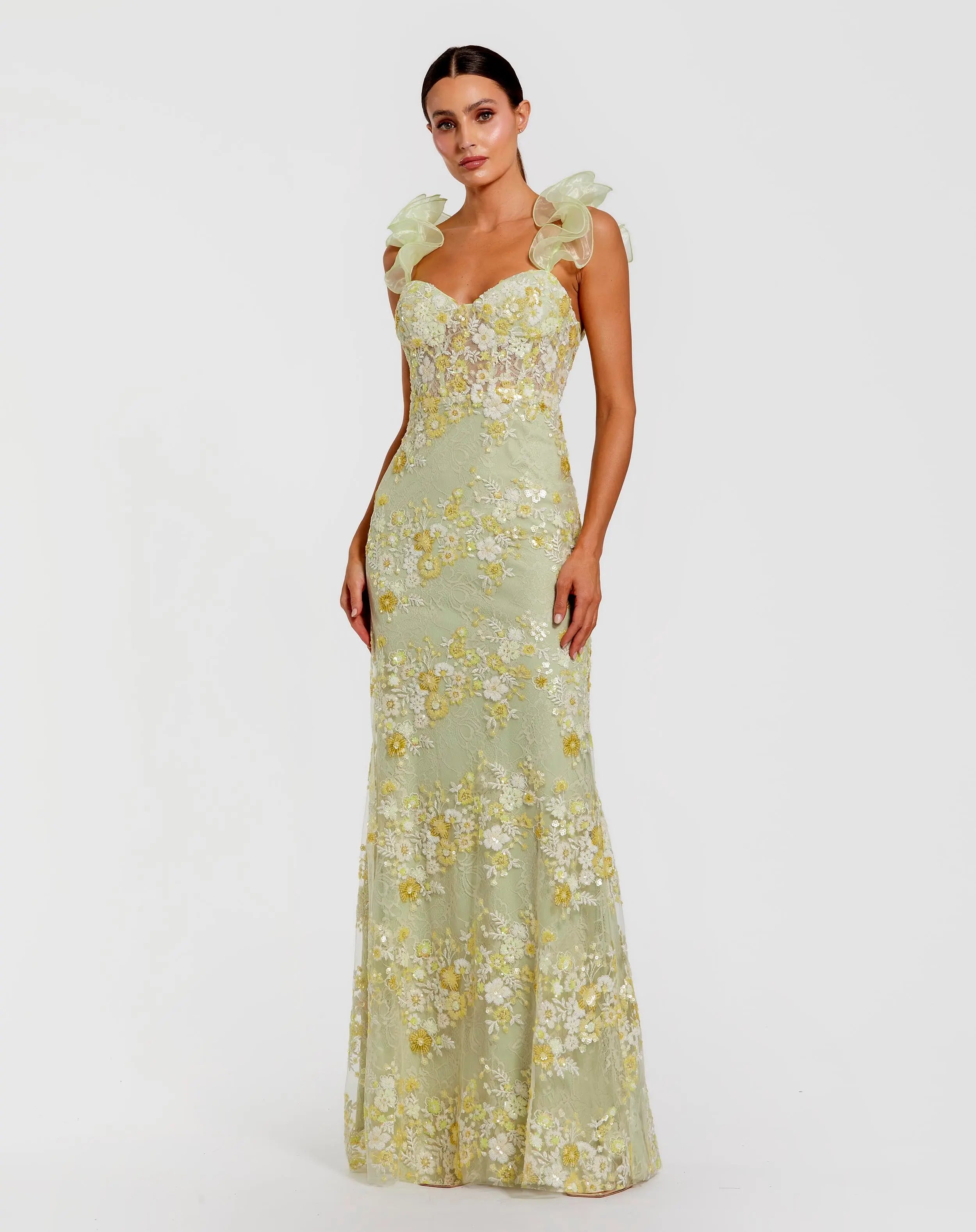 Embroidered Lace Floral Gown with Ruffle Straps