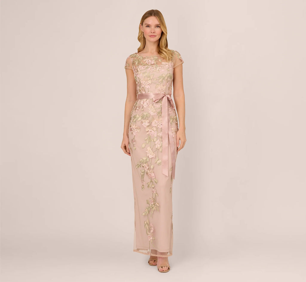 Short Sleeve Floral Embroidered Gown With Ribbon Tie Waist In Blush Nude Multi