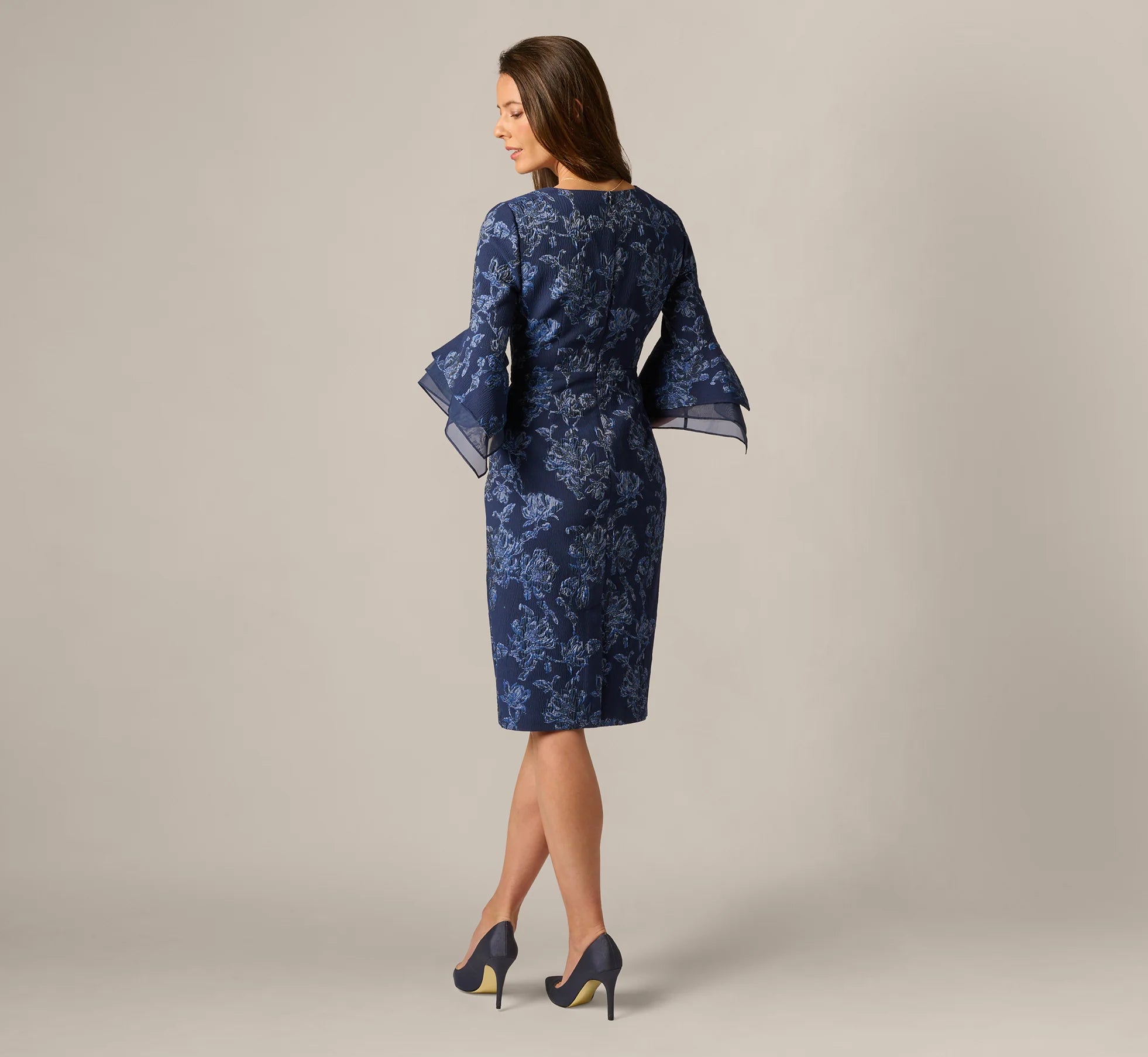 Floral Jacquard Bell Sleeve Sheath Dress In Navy Sateen
