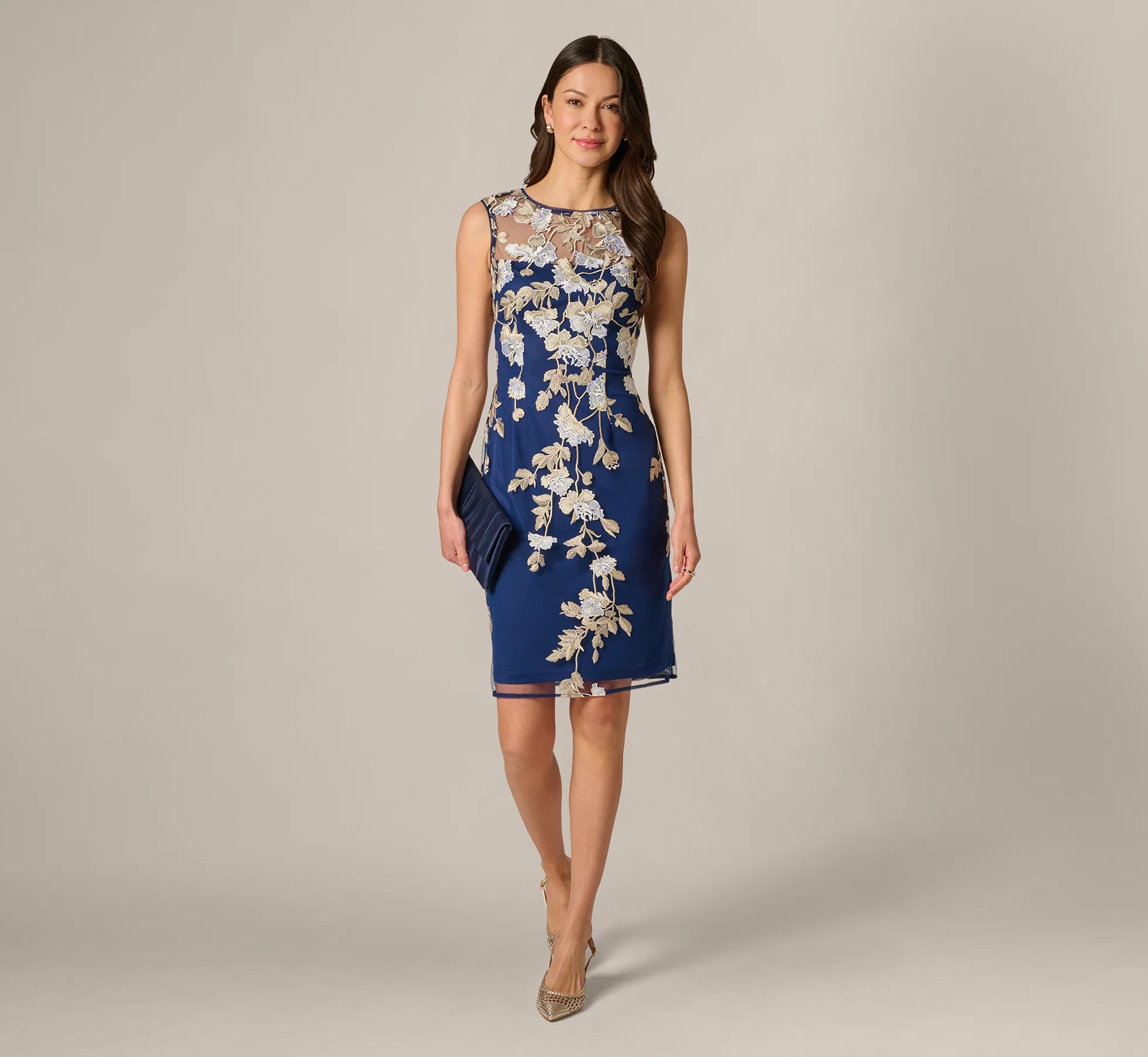 Sleeveless Illusion Floral Embroidery Sheath Dress In Navy Ecru