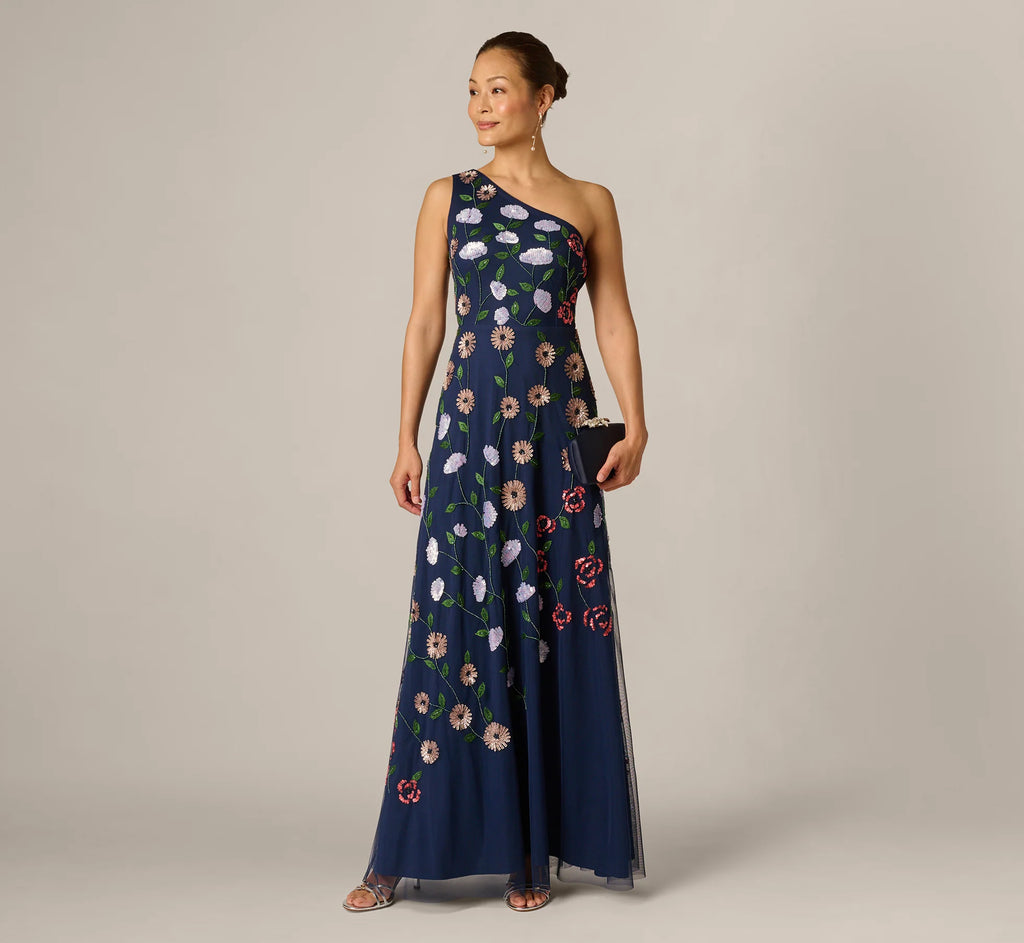 One Shoulder Floral Garden Beaded Gown In Navy Multi