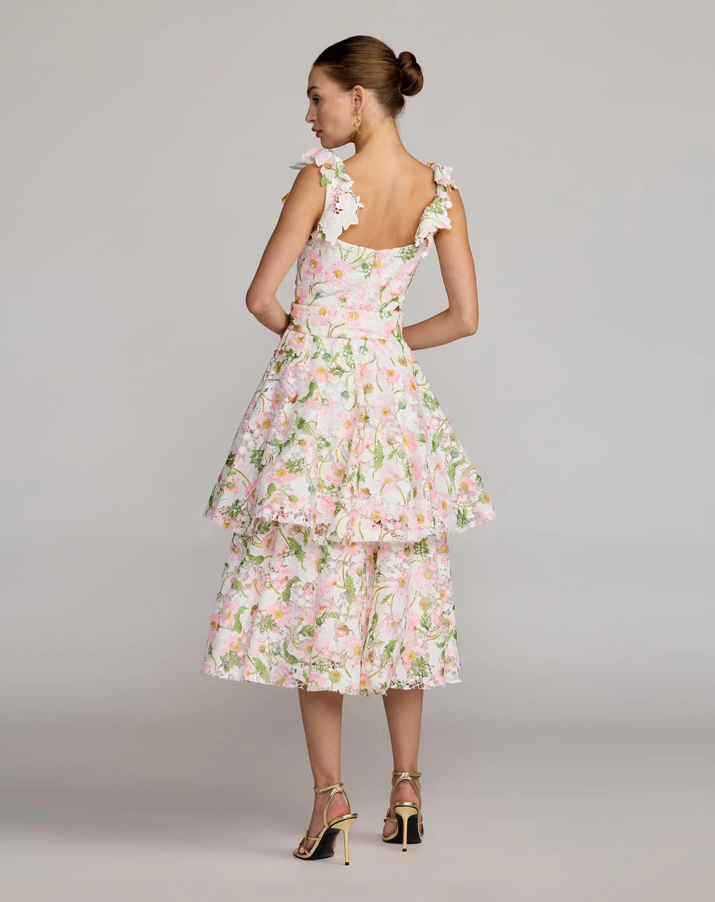 White Multicolor Floral Lace Tiered Midi Dress