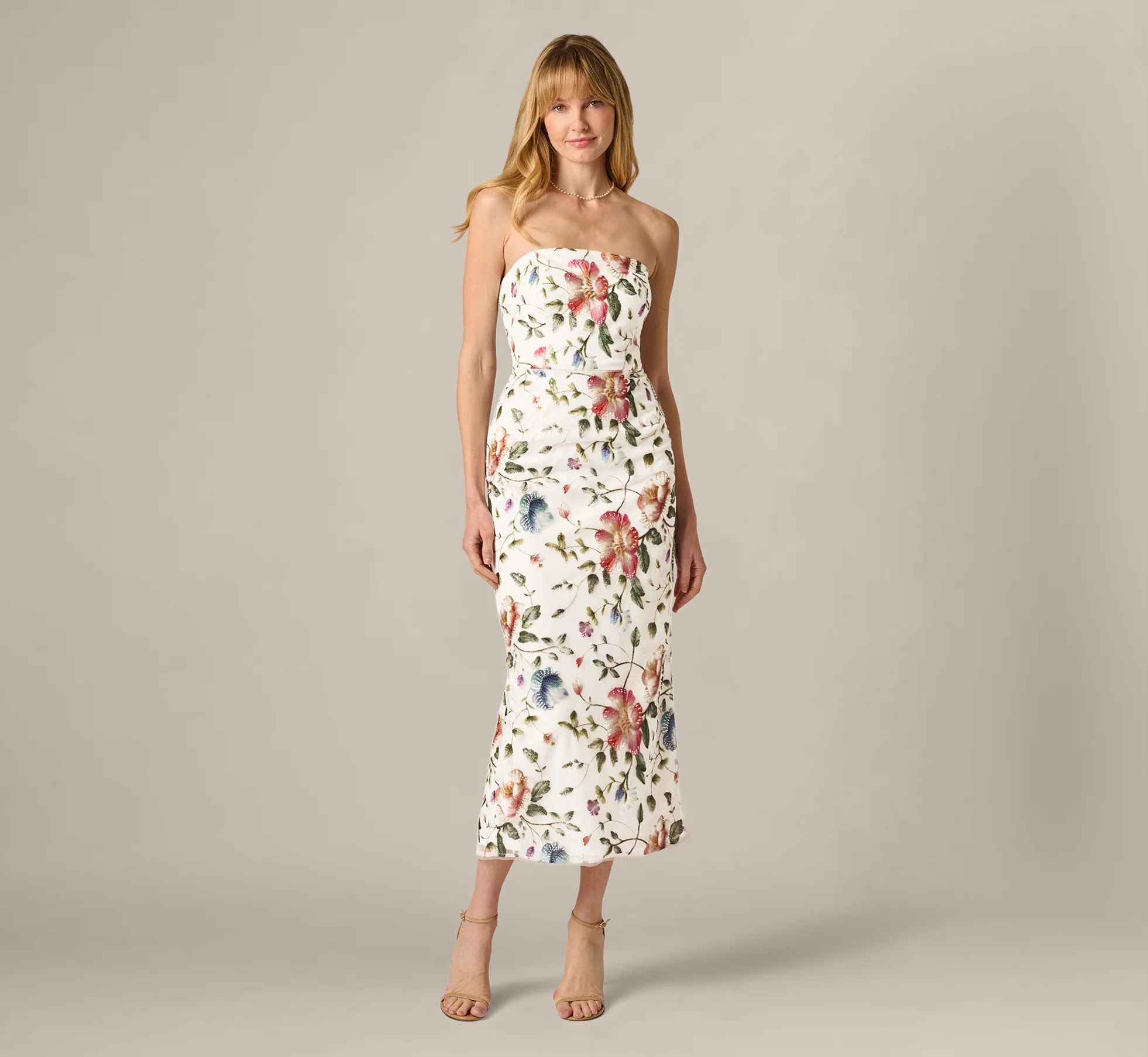 Strapless Floral Beaded Embroidery Midi Dress In Ivory Multi