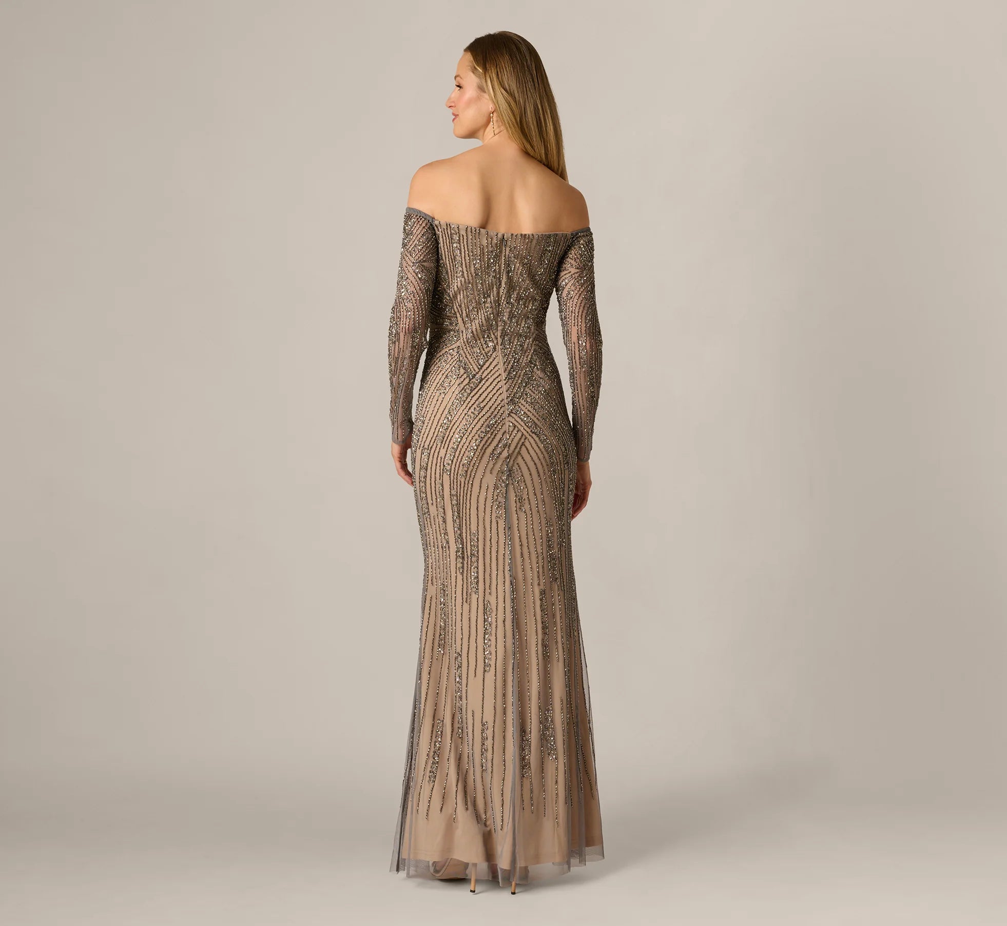 Hand Beaded Off Shoulder Gown In Sterling