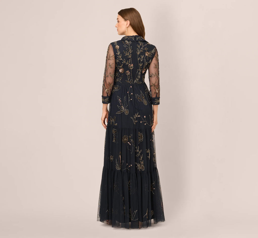Three Quarter Sleeve Collared Floral Beaded Gown In Midnight Multi