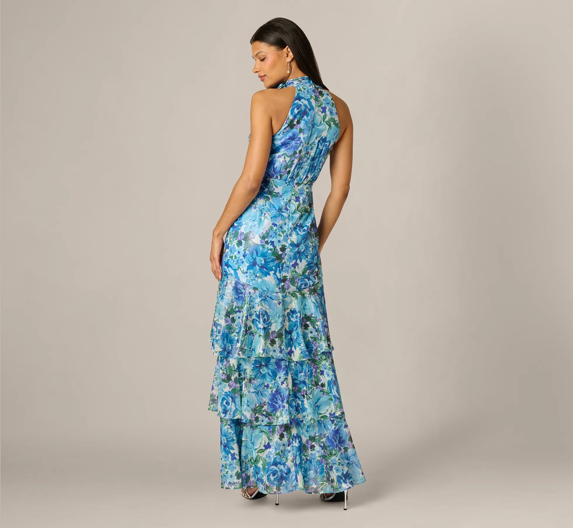 Tiered Metallic Floral Chiffon Halter Gown In Blue Multi
