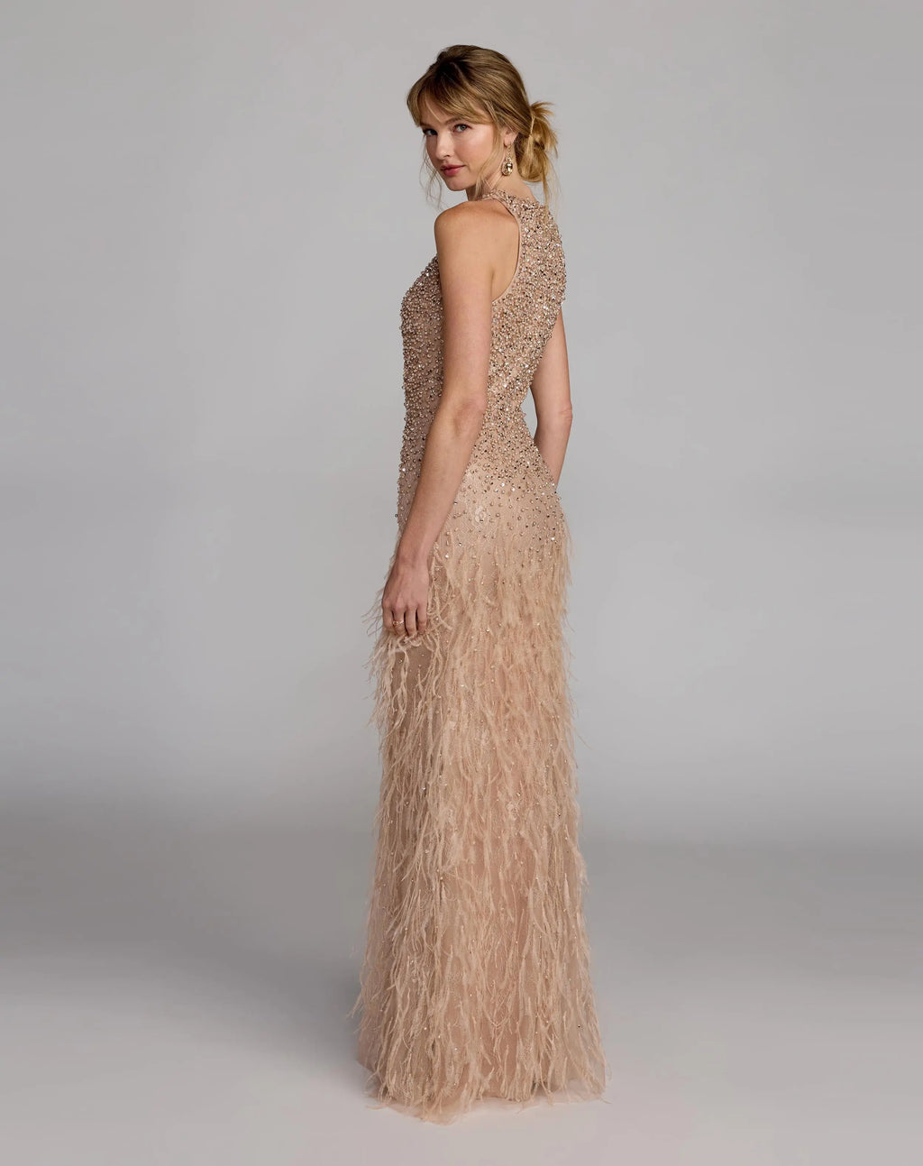 Beige Embellished Lace Sleeveless Feather Gown