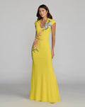 Yellow Floral Appliqué V-Neck Jersey Gown