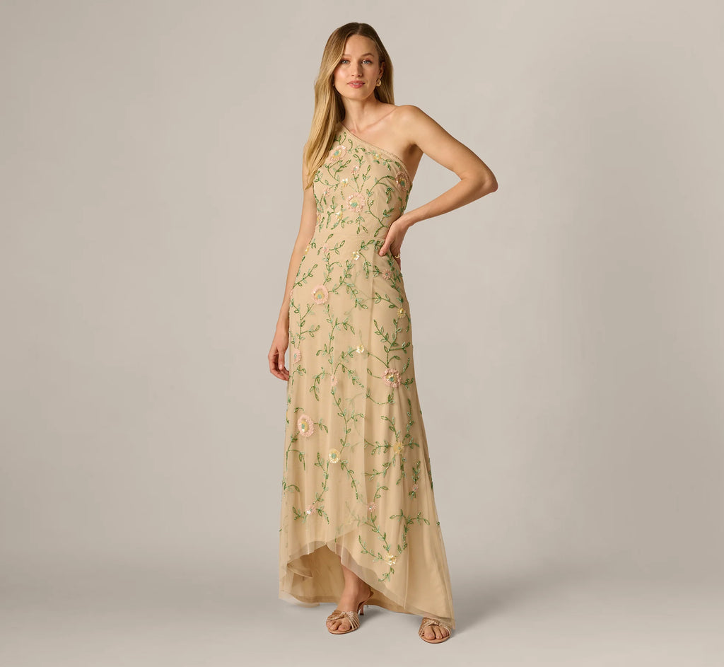 One Shoulder Floral Vine Beaded High Low Gown In Light Champagne