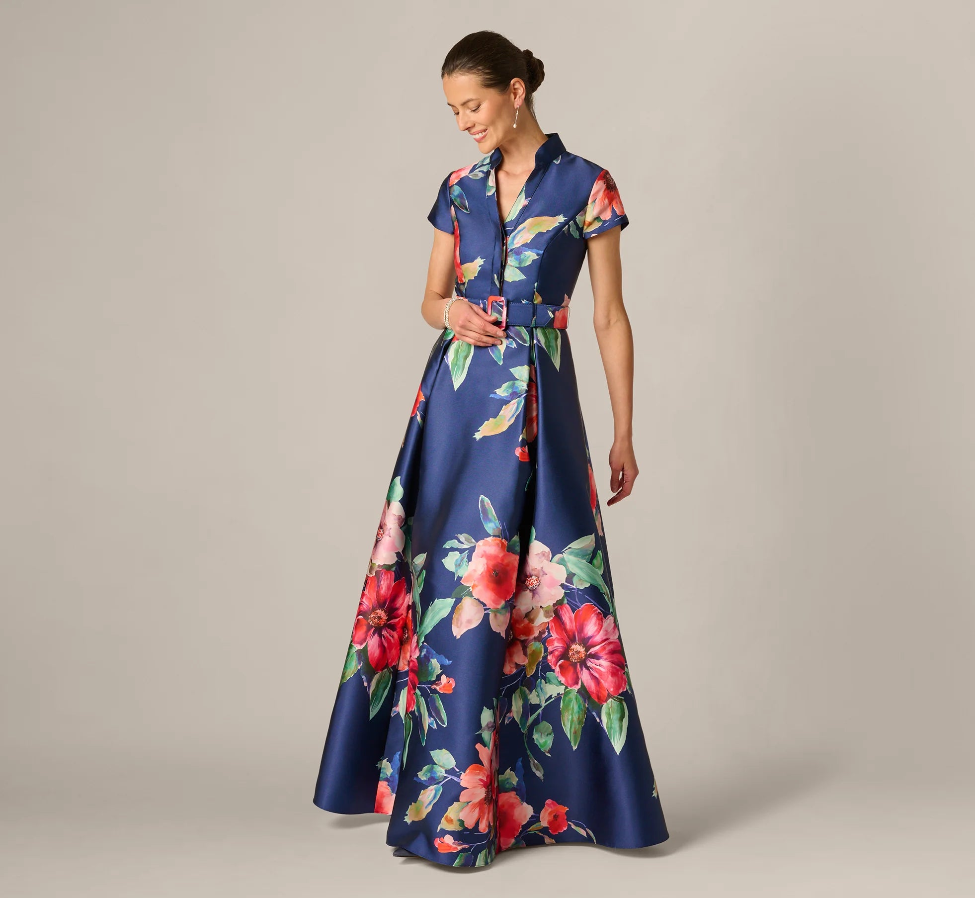 Short Sleeve Magnolia Floral Ballgown In Navy Multi