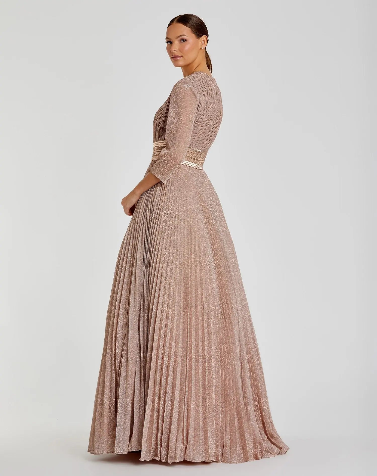 Pink Shimmering Pleated  3/4 Sleeve Ball Gown