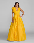 Yellow Ruffle Shoulder V-Neck Chiffon Gown